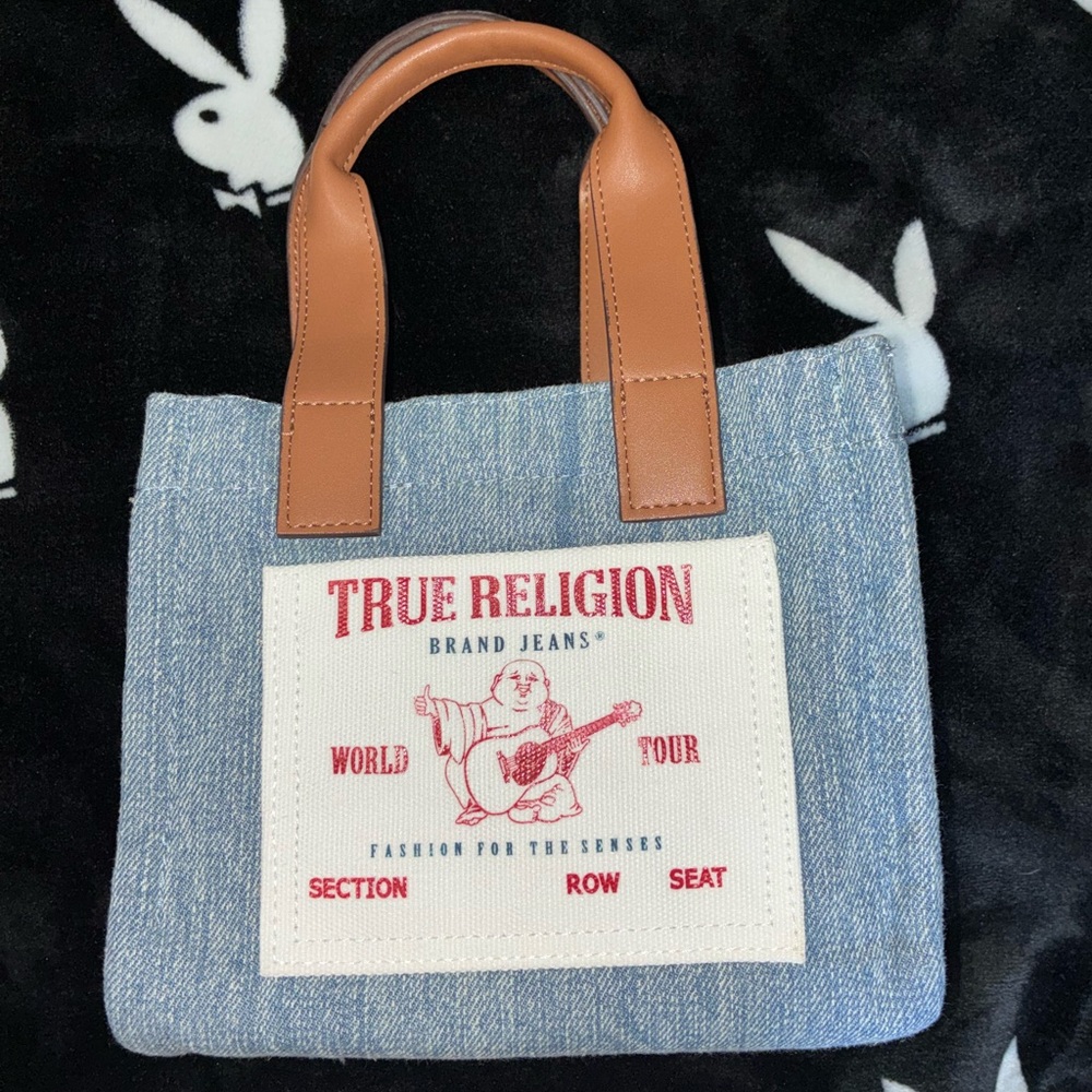 True Religion Blue Denim Tote with Tan Handles